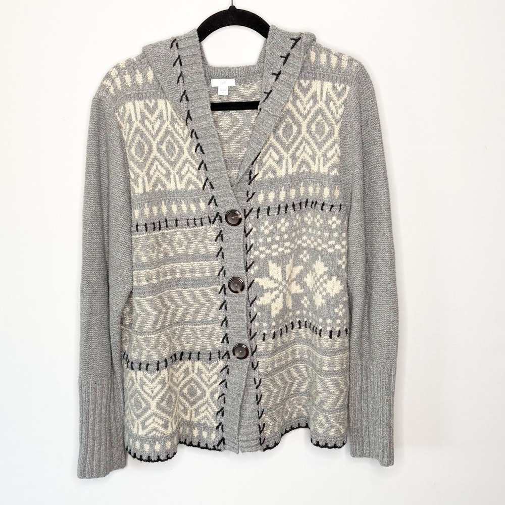 J. Jill Womens Gray Fair Isle Hooded Cardigan Sweater Large Cotton Blend Button